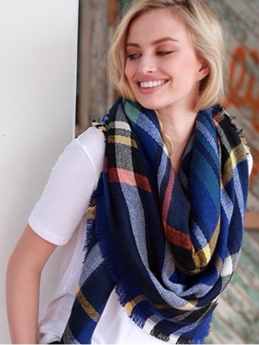 Blue Plaid Blanket Scarf - Women’s Cozy Fashion Accessory